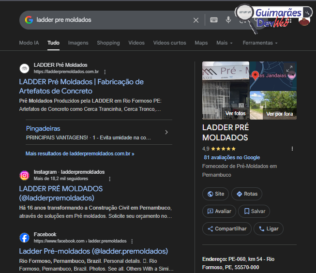 Resultado de uma pesquisa Google do meu serviço